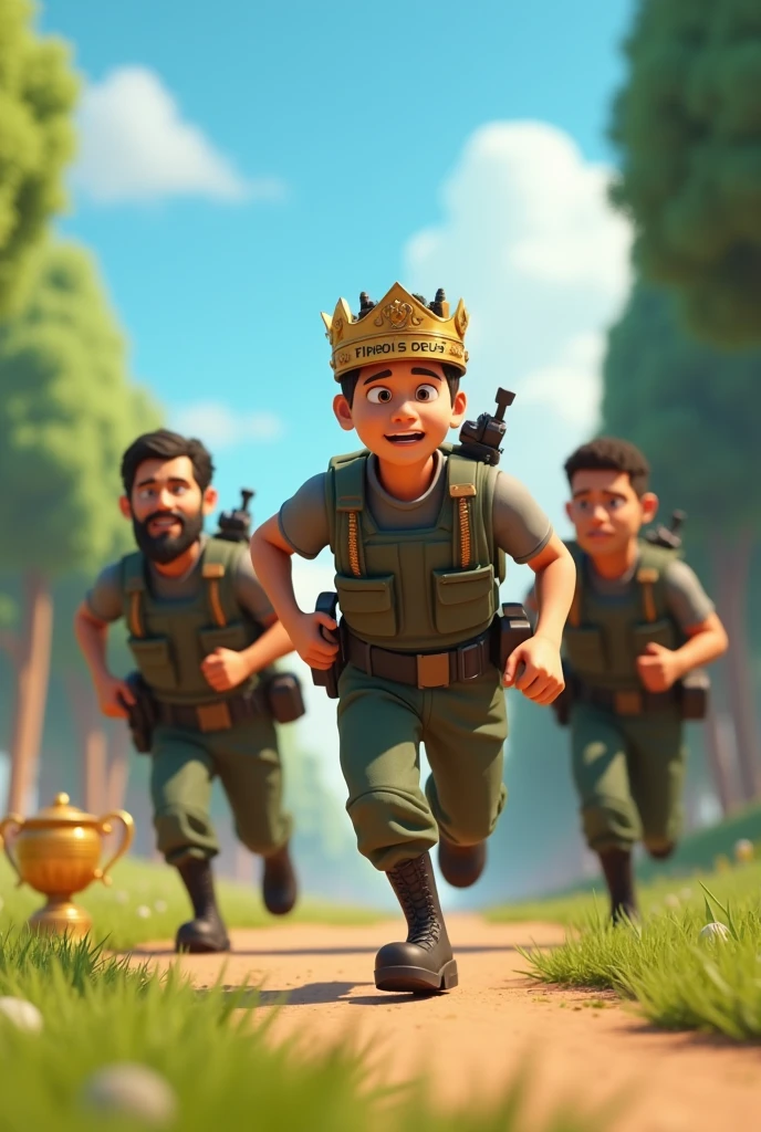 A animated 3D rendering of a group of 4 soldiers, one of the soldiers has wavy hair, another has short curly hair and the other two toppers, they are wearing bulletproof vests and have weapons hanging on their back, the soldiers are running after a trophy, the soldier has a crown on their heads with the phrase "Filhos de Deus" written on it, the phrase is very apparent without any writing defect. The background is a sunny landscape of grass, trees and a clear sky. The image has a realistic design with light and shadow effects.