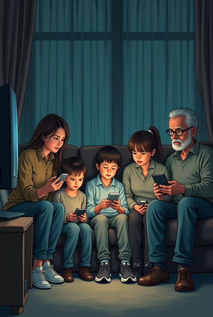 Image of a child watching television while a teenager uses a cell phone, adult works on notebook and elderly man uses cell phone. The people in the image are focused on their devices and not looking at each other.. image in drawing.