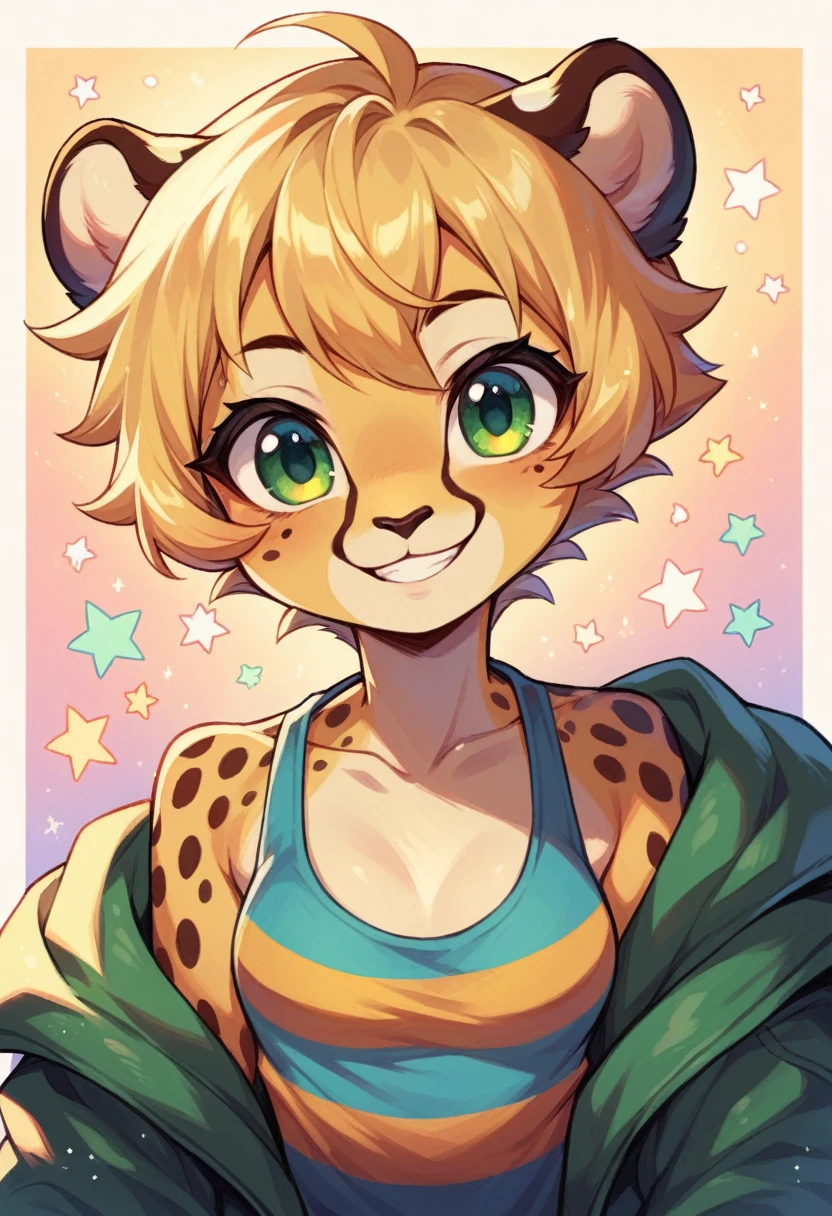 Anthropomorphic, cute, cheetah woman, short chic blonde hair, green eyes, hourglass, small breasts, colorful striped tank top, bomber jacket, cheerful smile, portrait, stars background