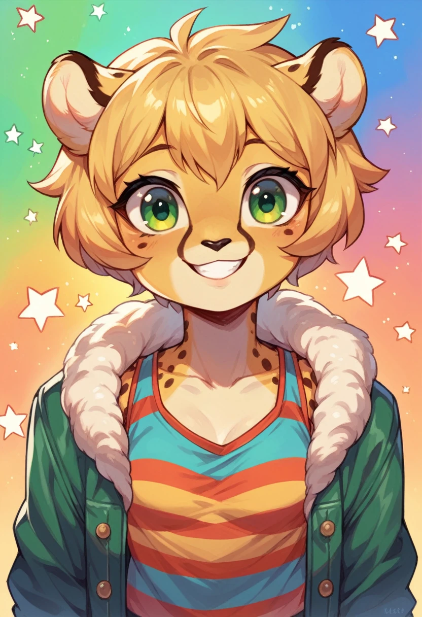 Anthropomorphic, cute, cheetah woman, short chic blonde hair, green eyes, hourglass, small breasts, colorful striped tank top, bomber jacket, cheerful smile, portrait, stars background