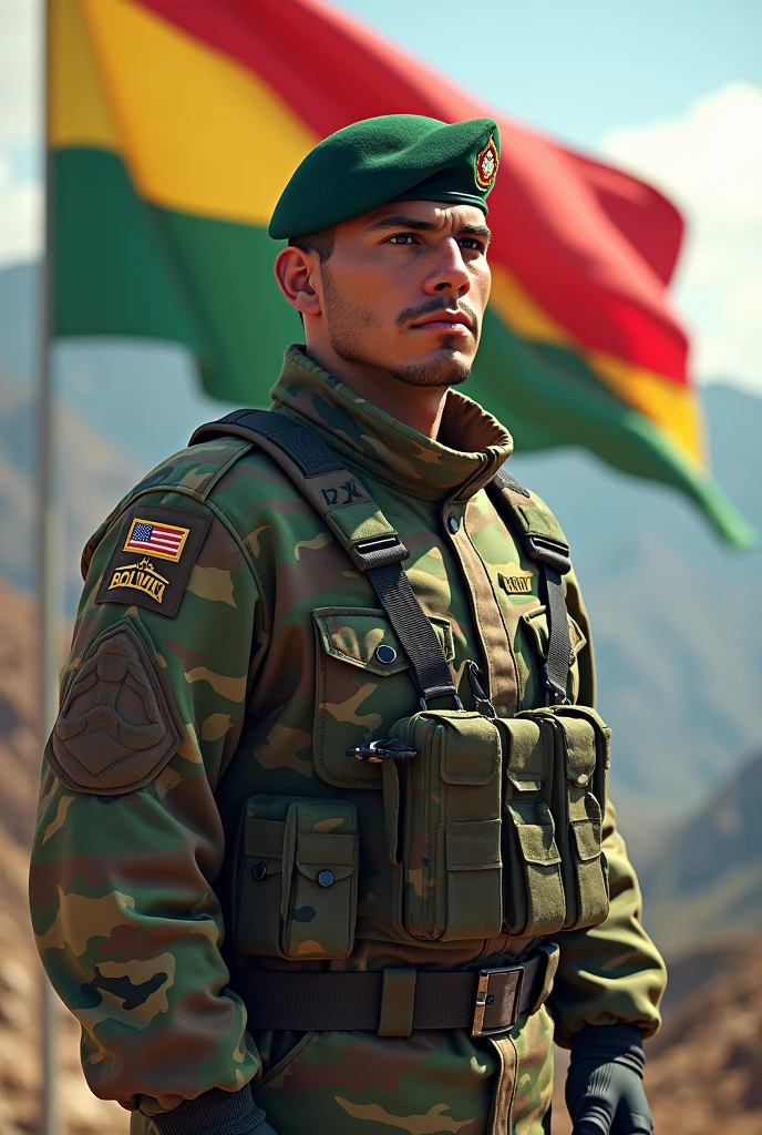 Bolivian soldier in multicam uniform with the Bolivian flag waving in the background