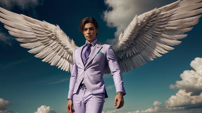 I want a wallpaper that has a reference to a male angel that is in human form with wings, that he is facing forward and that he is dressed in an elegant suit and that one of his eyes is purple and the other green, that its background is in the clouds