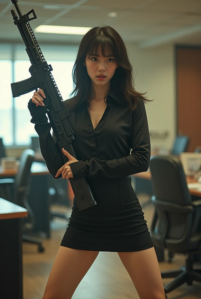 beautiful chinese office lady mini skirt realistic machine gun toting firing real person legs apart standing rampage