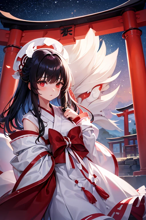A girl in a white shrine maiden outfit, black hair, calm expression, a shrine in the middle of the night, many charms, darkness, a large torii gate, red mist, pure
