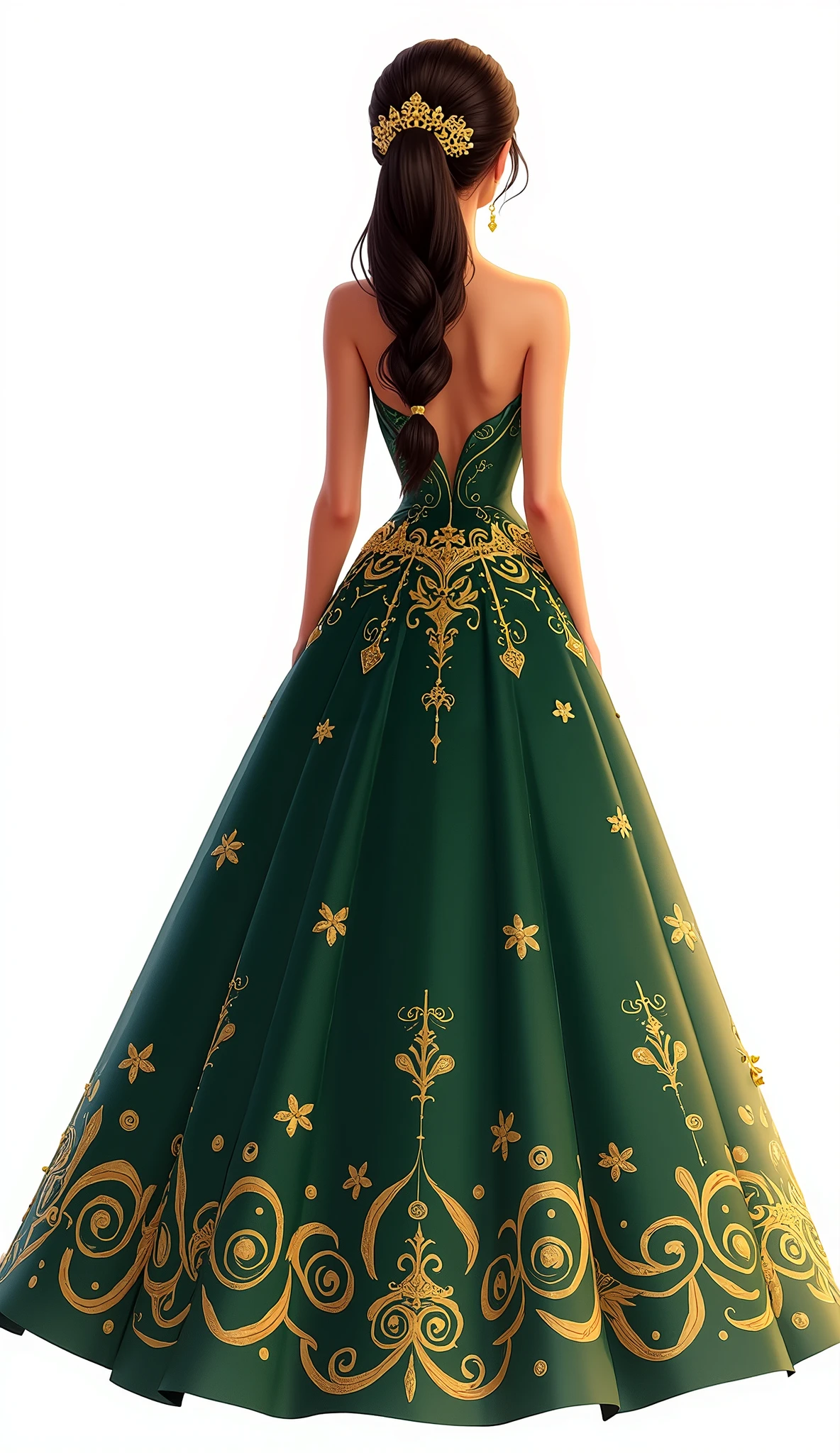 Create on a white background, Animated illustration of a quinceañera from behind, wearing an elaborate fantasy-themed costume, with gold stars and swirling patterns. Your clothing should resemble your real appearance., predominantly dark green, with intricate gold embellishments. The costume should feature rich and heavenly patterns., with a bare upper back and shoulders. The overall aesthetic should be magical and majestic., making the quinceañera look like a character from a fantasy kingdom. A very beautiful and golden hook, She is holding her hair. I don't want him to have a crown.