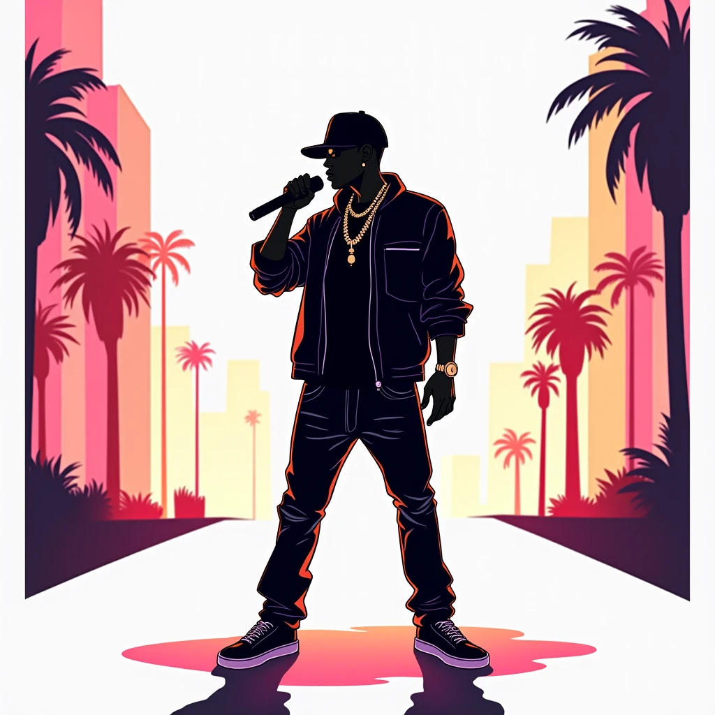 Black shadow of a cartoon style rapper, Vice City GTA, white background