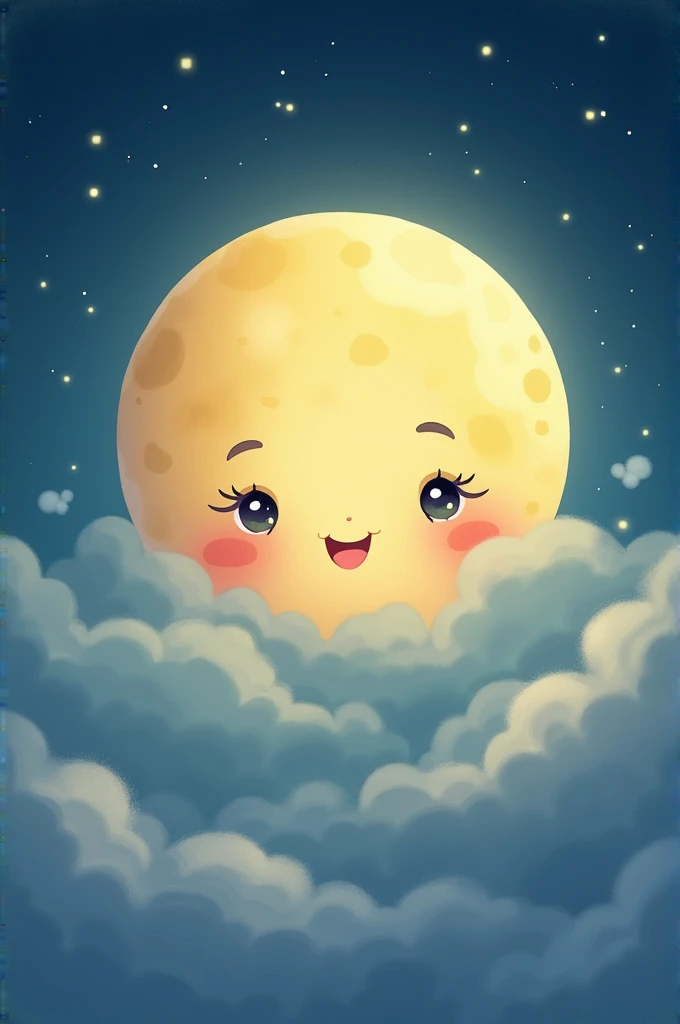 Smiling full moon with a dimple half face behind the clouds