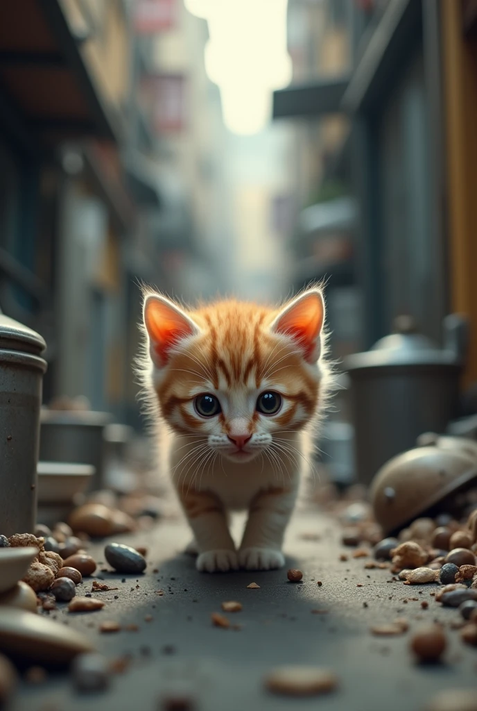 Cute close-up of a kitten lost in the city., kitchen, (Kinetics: 1.2), complicated details, ((A cat is walking along the roadside.)) ,Two-legged standing,wash the dishes