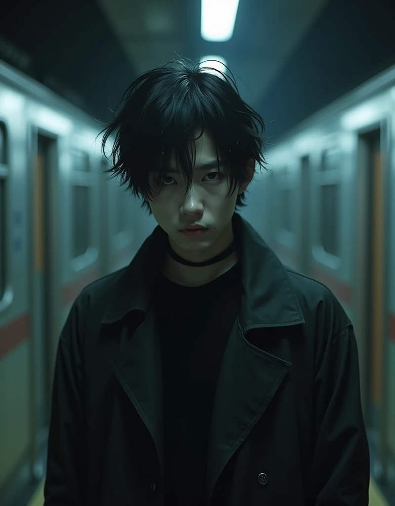 Black Hair、Cold look:1.5、Androgynous Japanese man、Teenage Boy、Dark Background、Cool man alone:1.5、Anxious expression、night、whole photo、Dark Eyes、Black gloves、weak、、Underground railway stations, a teenage androgynous japanese man with dark hair, cool and anxious expression, black gloves, weak, in a dark background, night, underground railway stations, (best quality,4k,8k,highres,masterpiece:1.2),ultra-detailed,(realistic,photorealistic,photo-realistic:1.37),dark eyes,cool man alone:1.5,cold look:1.5,whole photo