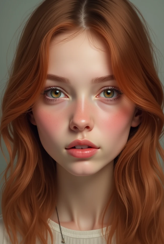 Hyperrealism 1 girl with long copper colored hair who looks kind and gentle so that she can be told secrets