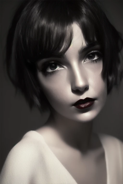 Photo noire et blanc, film noir style, Maginifique, young woman, (shaved short hair), demi-corps, Dramatic lighting, (sepia), high contrast, ombres dramatiques, 20s style, Mysterious, cinematic, Bright red lips (((Only lips red))), (looking at viewer), 3/4 body
