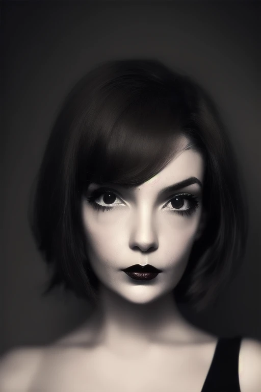 Photo noire et blanc, film noir style, Maginifique, young woman, (shaved short hair), demi-corps, Dramatic lighting, (sepia), high contrast, ombres dramatiques, 20s style, Mysterious, cinematic, Bright red lips (((Only lips red))), (looking at viewer), 3/4 body
