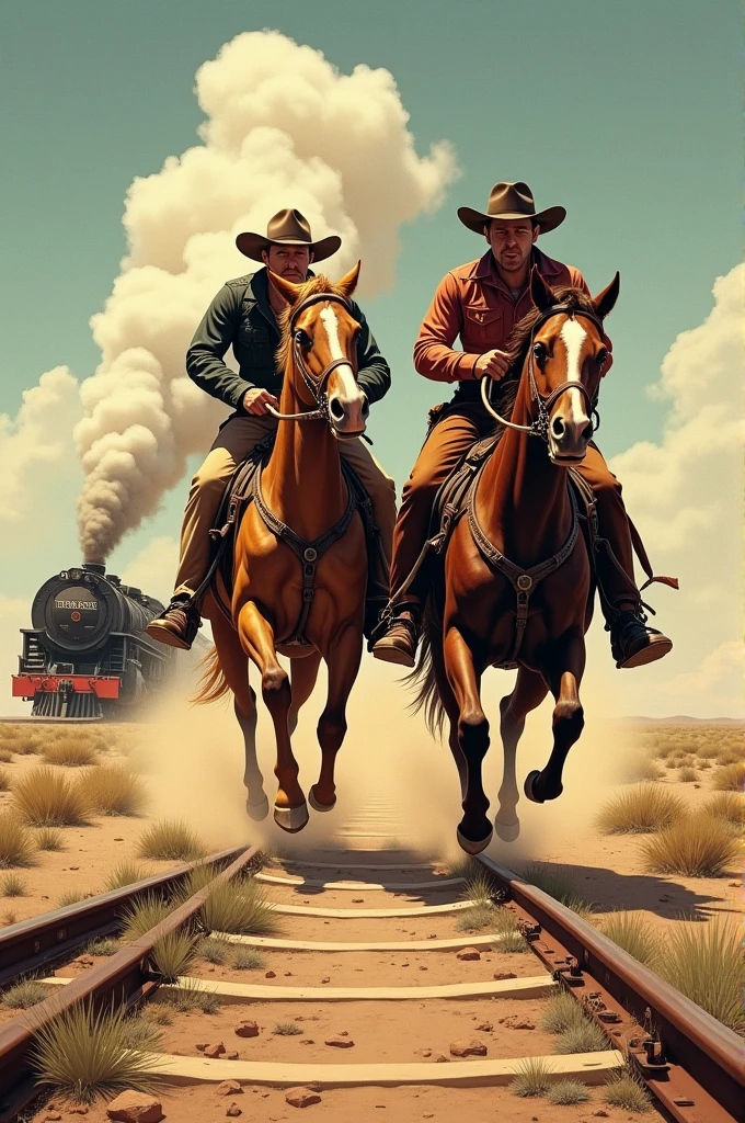 Hyperrealistic color comic from the 1950s on the desert plain, two cowboys ride at full gallop on their horses alongside the train tracks