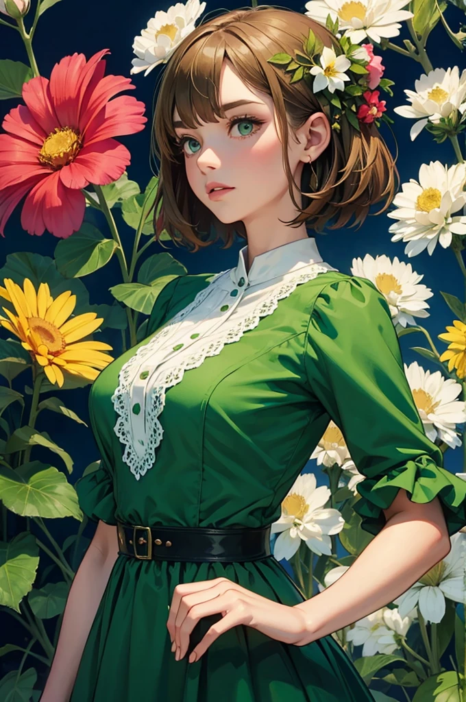 Girl in green dress, upper body, large colorful flowers