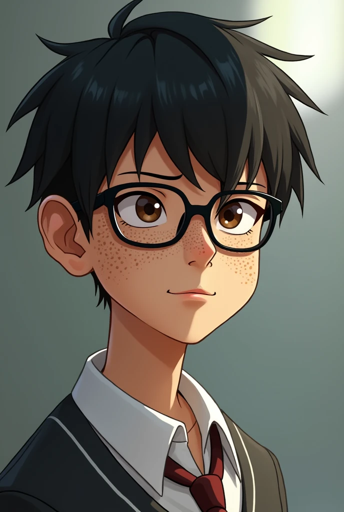 A tall, thin boy of 1,81 with short black hair, grey and white school uniform, black glasses, brown eyes and full of moles on the face