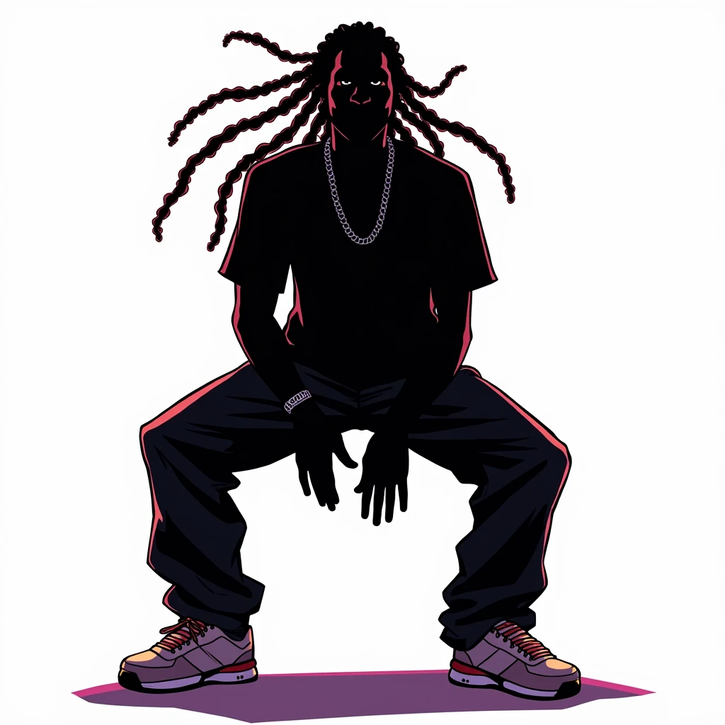Black shadow of a rapper with dreadlocks cartoon style, Vice City GTA, white background