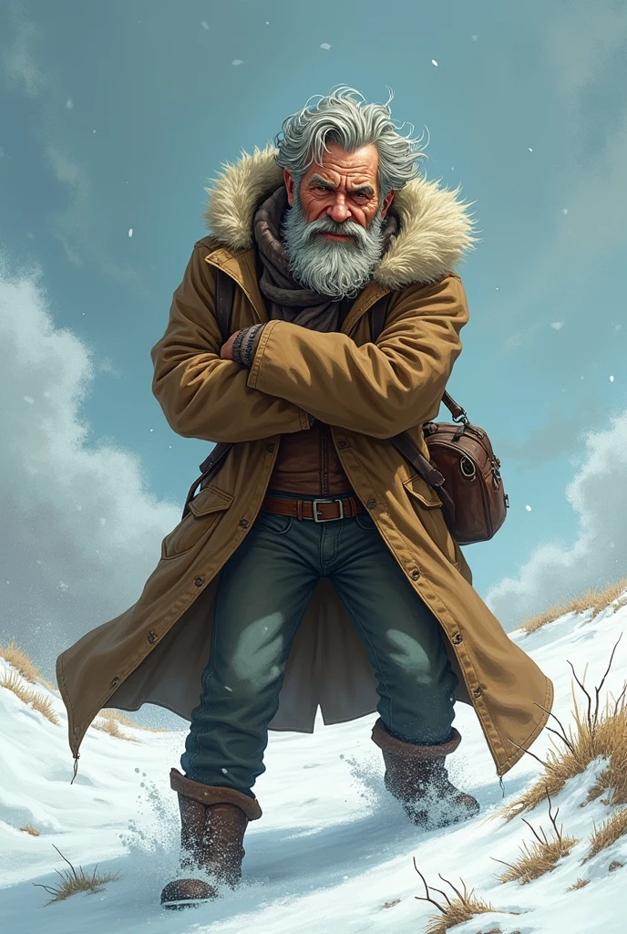 Visual: The traveler is shown struggling against the wind, wrapping his coat tightly around himself, trying to stay warm.
Characters details
The Traveler
Appearance: The Traveler is an ordinary person, depicted as a middle-aged man with a rugged, weathered face that shows he has been on the road for a while.
- He is dressed in a thick, dark brown coat that looks heavy and worn from constant use. Underneath, he wears simple, practical clothing, suitable for travel, including sturdy boots and a hat to shield him from the elements.
- The Traveler carries a small, old-fashioned bag slung over his shoulder, filled with the essentials for his journey.
Personality: The Traveler is practical and resilient, used to facing the challenges of the road. He is cautious and protective of himself, especially when faced with difficult situations, like the North Wind’s cold gusts.
- He is also adaptable, willing to change when the situation becomes more comfortable, as seen when he removes his coat under the Sun’s warmth.
Show as cartoons