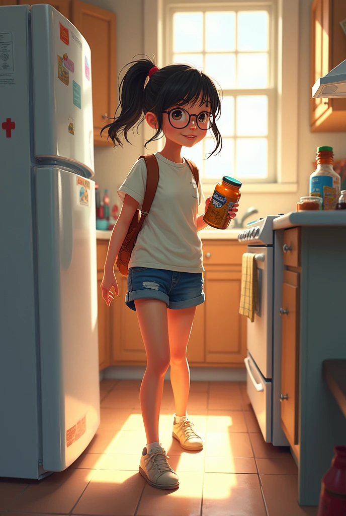 A town young big girl with specs and tied hair in a ponytail wearing tshirt and mini skirt. She search for the jar in kitchen
