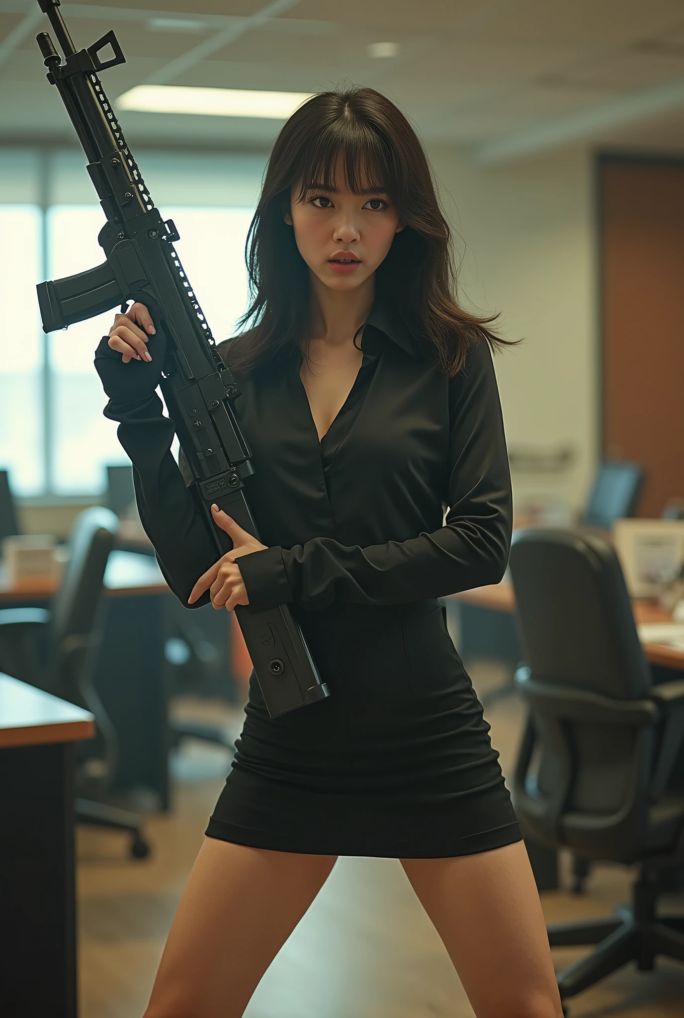 beautiful chinese office lady mini skirt realistic machine gun toting firing real person legs apart standing rampage
