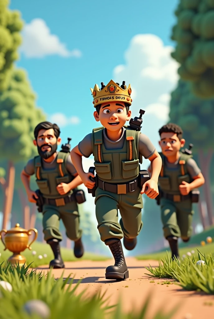 A animated 3D rendering of a group of 4 soldiers, one of the soldiers has wavy hair, another has short curly hair and the other two toppers, they are wearing bulletproof vests and have weapons hanging on their back, the soldiers are running after a trophy, the soldier has a crown on their heads with the phrase "Filhos de Deus" written on it, the phrase is very apparent without any writing defect. The background is a sunny landscape of grass, trees and a clear sky. The image has a realistic design with light and shadow effects.