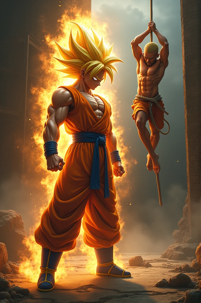 Two jiu jitsu fighters, one 1 meter and 80 centimeters tall, transforming into a super saiyan and another 1,94m being hanged