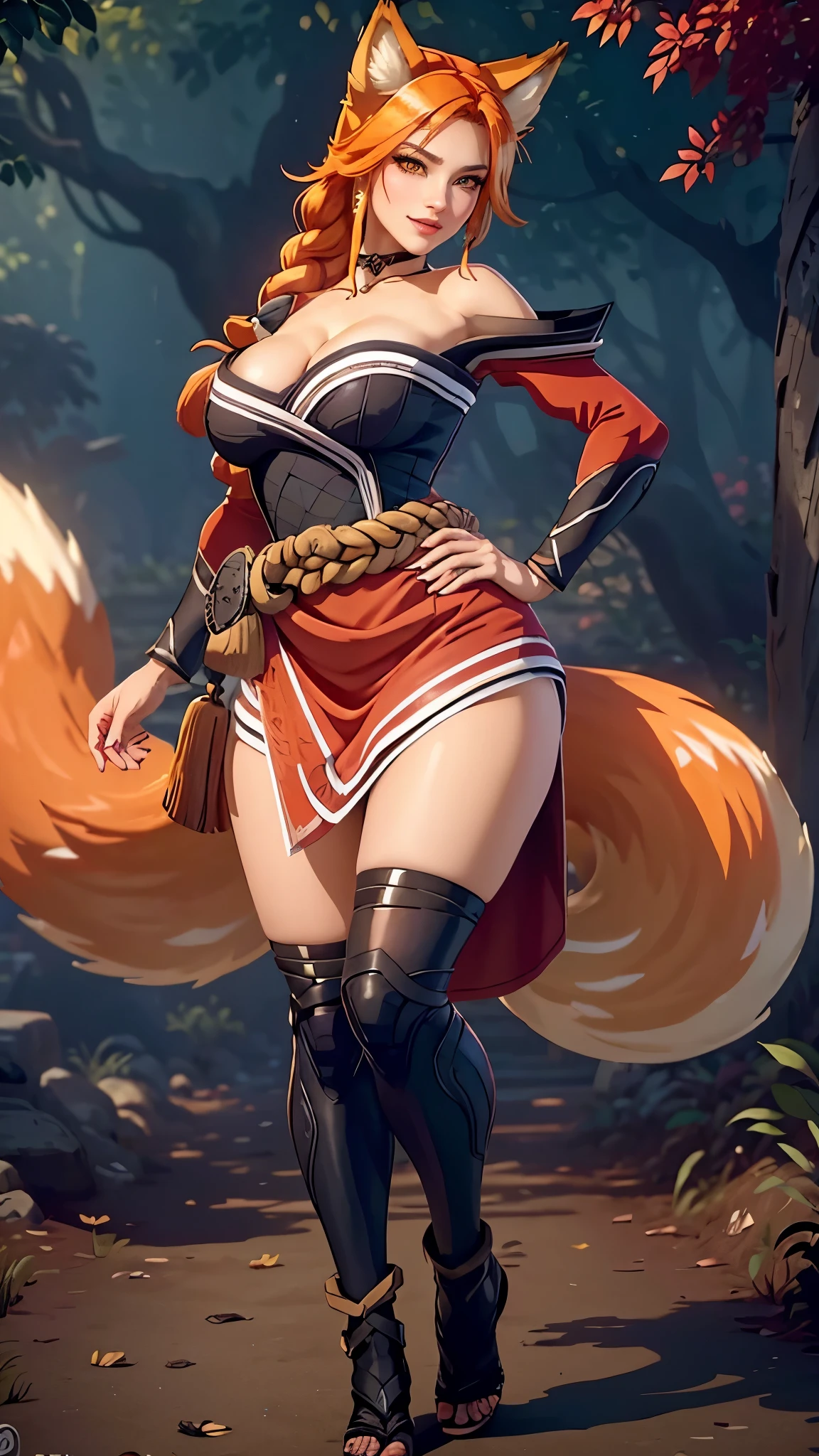 Ahri da league of legends,(best qualityer,4K,8k,high resolution, work of art:1.2)(weather: windy),cowboy shot, Japanese female, spirit forest background, red and white long sleeve korean kimono dress, cleavage, spirit sphere, cute makeup, thigh high boots, belt, long red hair, braided hair, fox ears, multiple fox tails, ultra detailed, realistic, portrait, beautiful detailed yellow eyes, beautiful detailed lips, extremely detailed eye and face, beautiful girl, long eyelashes, sexly, average, large breasts, beaming smile, sexy pose, stunning curves, bright coloured, dramatic lighting, fox spirits,