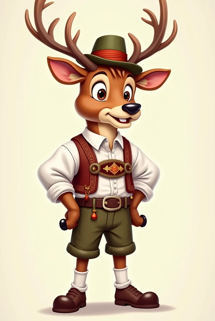 Create a cartoon style deer wearing an original Bavarian men's costume, leather pants, Traditional socks, Haferl shoes, Hand, Trachtengilet, Trachtenhut, without alcohol, without background