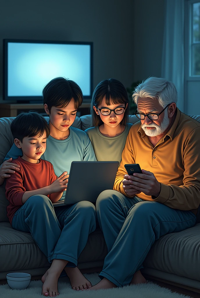 Image of a child watching television while a teenager uses a cell phone, adult works on notebook and elderly man uses cell phone. The people in the image are focused on their devices and not looking at each other.. image in drawing.