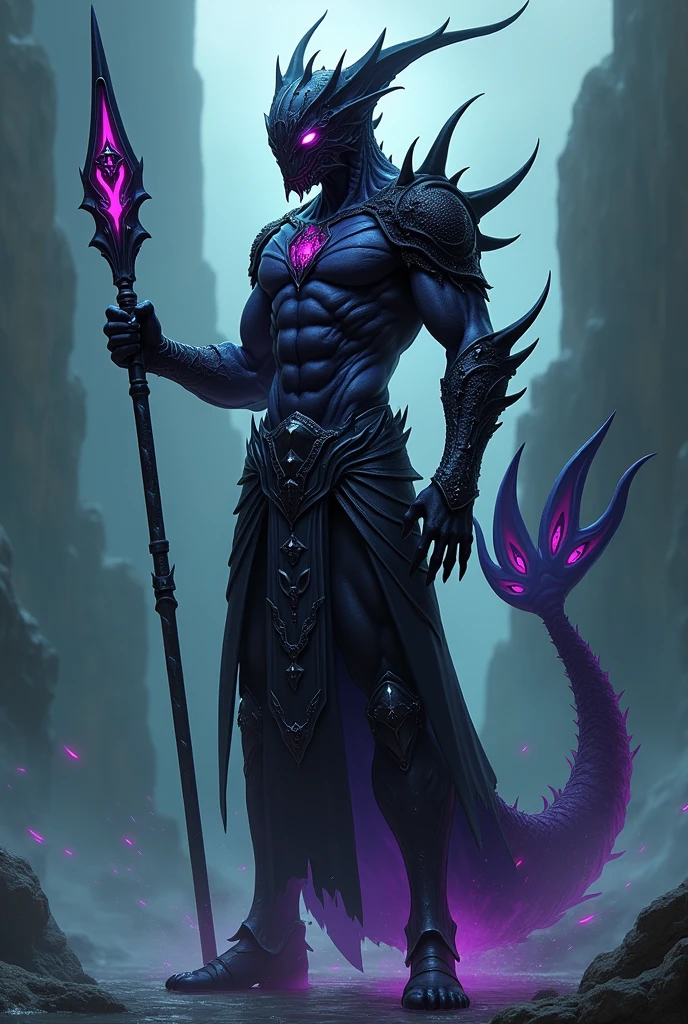 warrior with spear, humanoid appearance, no shield, Fins on the arms and legs, armor with spikes similar to sea creatures, helmet, yugioh style, black armor and helmet, sea creature, without syrup, thin and muscular body, armor over the entire body, the armor must be black, must have rviolet eyes and fins on the arms and fins on the legs, warrior of atlantis, fish fins are located in the forearm and calf region. The helmet resembles the head of a seahorse, detalhes com palheta rosa e violetas brilhantes ao longo da armadura, chaos creature, masculine creature, sem boca