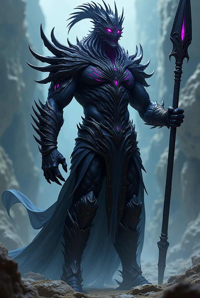 warrior with spear, humanoid appearance, no shield, Fins on the arms and legs, armor with spikes similar to sea creatures, helmet, yugioh style, black armor and helmet, sea creature, without syrup, thin and muscular body, armor over the entire body, the armor must be black, must have rviolet eyes and fins on the arms and fins on the legs, warrior of atlantis, fish fins are located in the forearm and calf region. The helmet resembles the head of a seahorse, detalhes com palheta rosa e violetas brilhantes ao longo da armadura, chaos creature, masculine creature, sem boca