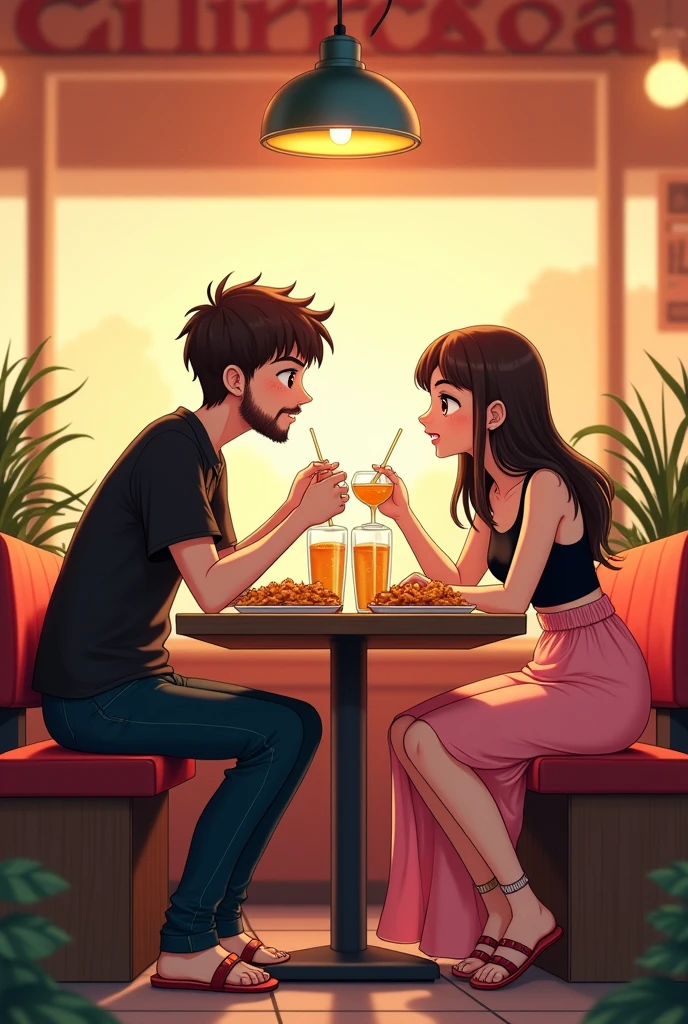 Create two couples eating at a chicken restaurant called calibrasas Couple 1 White-skinned boy with dark brown hair and beard and brown eyes, camisa color negra
Chica de tez blanca Brown eyes claros cabello semi ondulado castaño oscuro , long black dress.
Pareja 2
Chico de thesis clara ron cabello blanco , y Brown eyes, black dress.
Ash blonde girl , Brown eyes, thesis clara, pink dress.
Let everyone have shark sandals