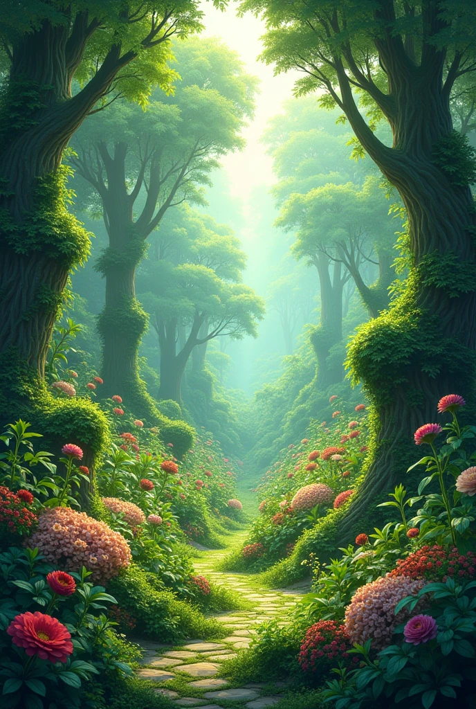 forest with leaves, plants and flowers with circular patterns
