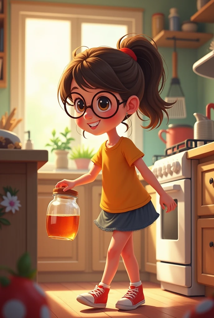 A town young big girl with specs and tied hair in a ponytail wearing tshirt and mini skirt. She search for the empty jar in kitchen 