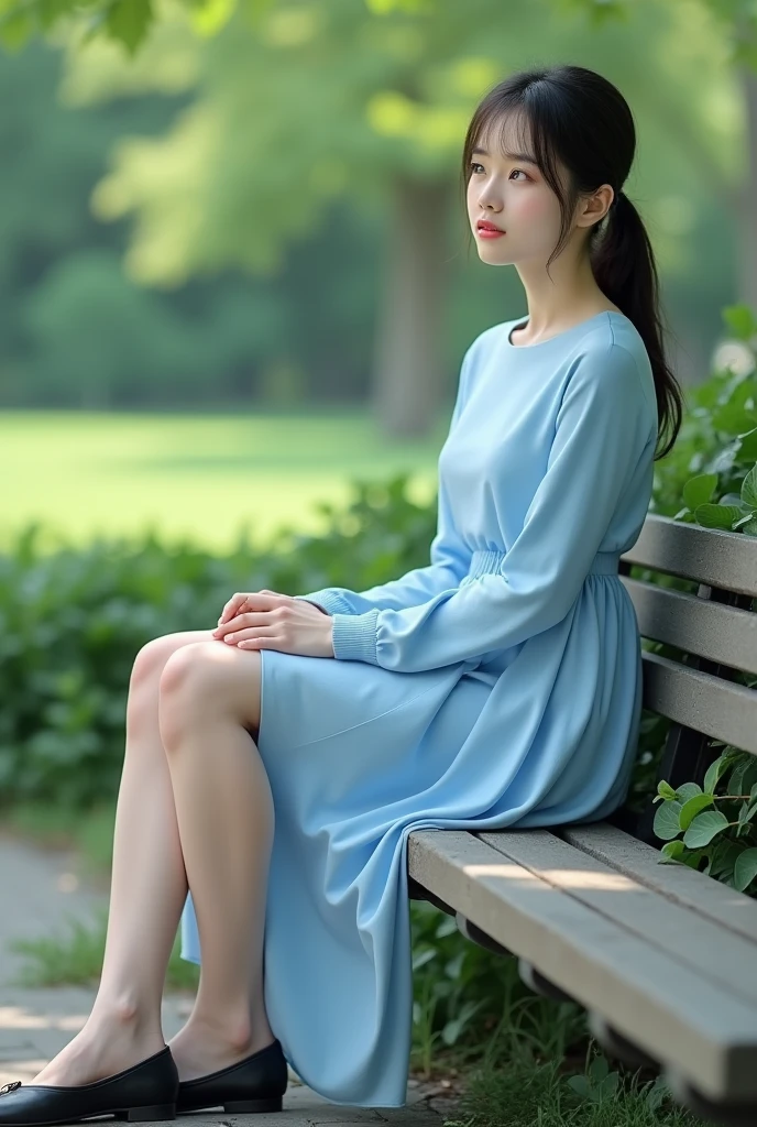 1japanese woman, sky blue crew neck a-line long dress, nude color pantyhose, black flats, low ponytail, sitting in bench, in park, BREAK, full body shot, focusing face, BREAK, best quality, ultra high res, (photorealistic:1.4), RAW photo