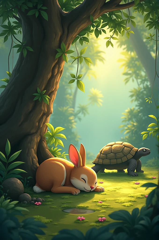Hare sleeping under a shaddy tree of lush jungle while tortoise crossing that tree steadily