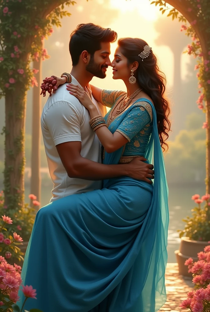 A beautiful girl wearing blue colour saree her hands filled with bangles and a handsome tall and hot boy wearing black button up t-shirt and jeans carrying her  in bridal way