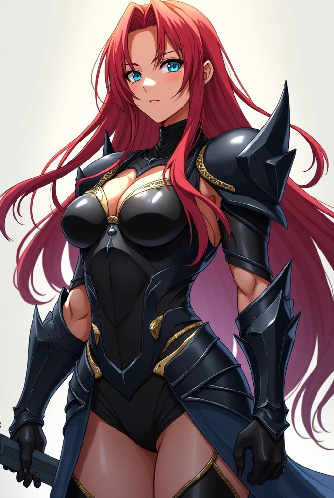 a female anime character, musclegirl, Bullish, of strong personality, with long red hair and light blue eyes, wearing Black Valkyrie armor with silver and gold details. Full-body image 