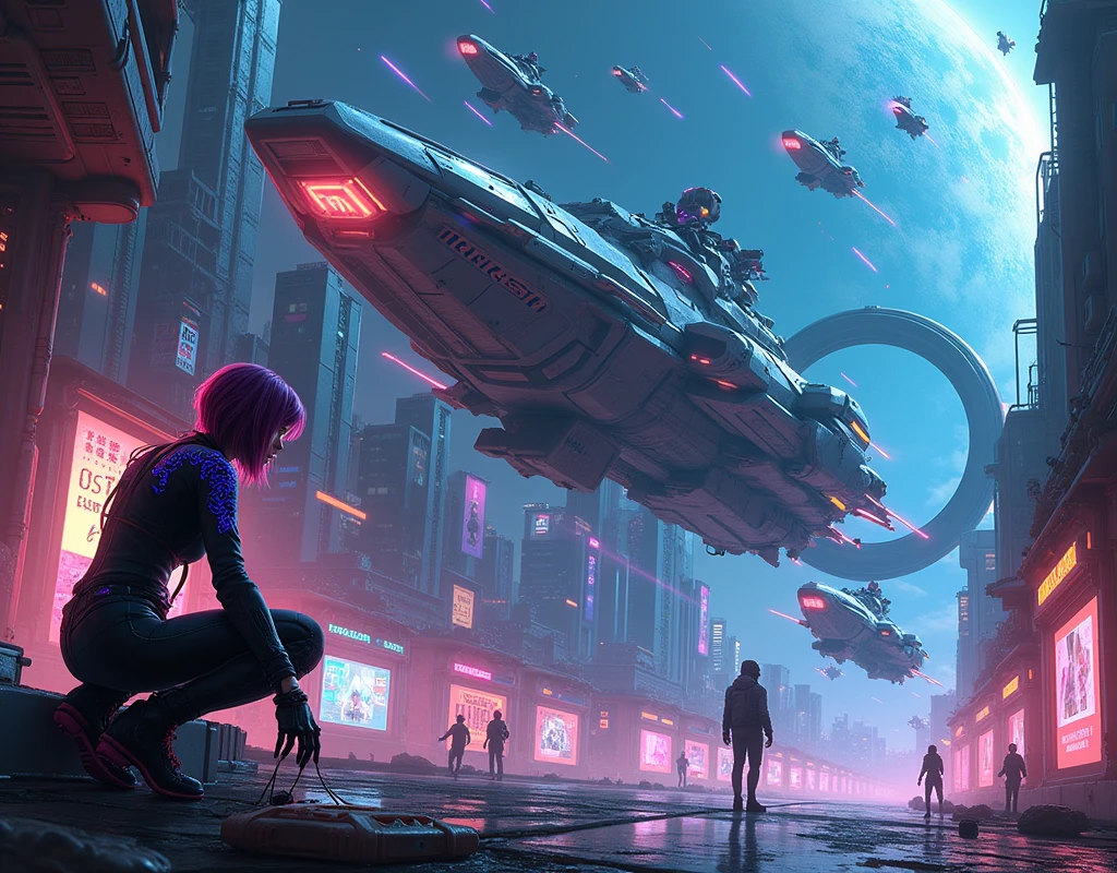 Design a high-energy scene set in the depths of space, featuring a fleet of futuristic cyberpunk-style spaceships. The largest ship, a heavily armored warship with sharp, angular designs and glowing neon accents, dominates the foreground. Its hull is adorned with graffiti-like markings and illuminated by pulsating blue and purple lights. Smaller, agile fighter ships, with sleek and compact designs, swarm around the main ship, their thrusters leaving trails of vibrant light as they maneuver through the void. The background shows a distant, neon-lit space station with sprawling, interconnected structures and massive rotating rings. A distant planet with a cityscape covered in a glowing grid pattern can be seen beyond the station, partially obscured by swirling clouds of space dust and debris. The scene is alive with the energy of a space battle, with lasers and plasma beams crisscrossing the dark expanse, reflecting off the metallic surfaces of the ships. The overall atmosphere should feel intense, high-tech, and chaotic, capturing the essence of a cyberpunk universe in space. Design a vibrant and dystopian cyberpunk cityscape at night, with towering skyscrapers adorned with neon signs in various languages and colors. The streets below are crowded with a mix of humans, androids, and cyborgs, all moving through a maze of dark alleys and bustling markets. Holographic advertisements hover in the air, projecting images of futuristic products and entertainment. "Create a dynamic scene featuring three distinct cyberpunk characters in a futuristic, neon-lit alleyway. 
The first character is a female hacker with short, neon-colored hair, wearing a sleek, high-tech bodysuit that glows with intricate circuitry patterns. 
She is crouched next to a wall, connected to a data port with cables running from her wrist device, her eyes focused as holographic screens hover around her. 