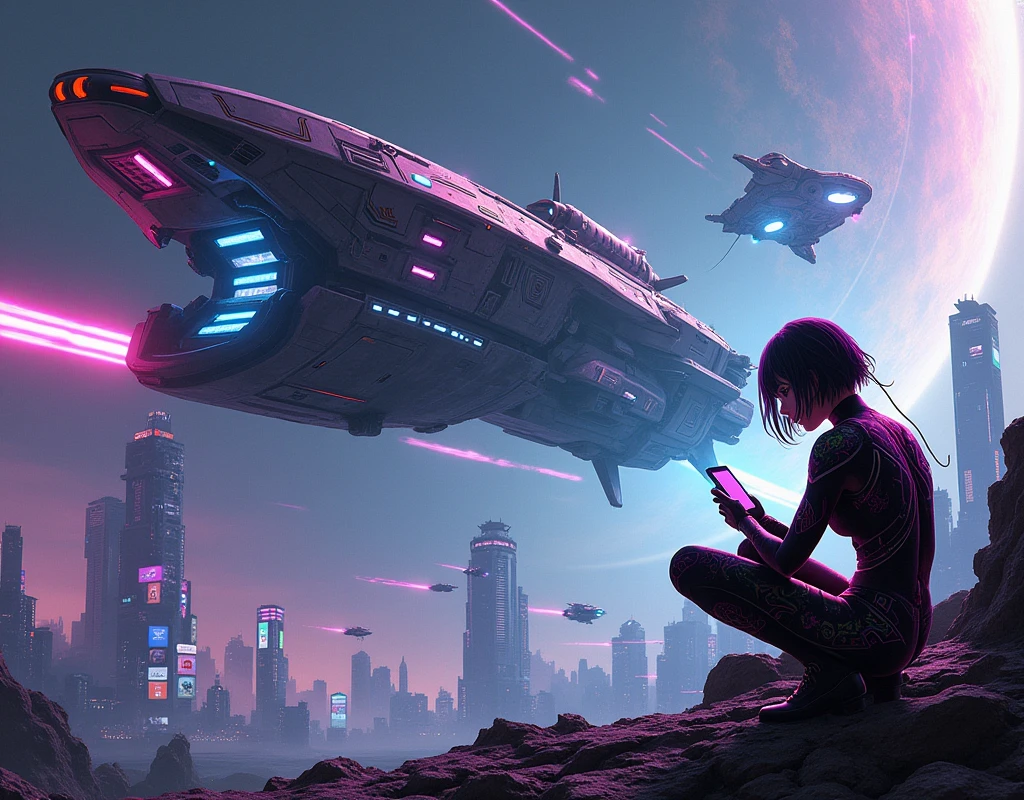 Design a high-energy scene set in the depths of space, featuring a fleet of futuristic cyberpunk-style spaceships. The largest ship, a heavily armored warship with sharp, angular designs and glowing neon accents, dominates the foreground. Its hull is adorned with graffiti-like markings and illuminated by pulsating blue and purple lights. Smaller, agile fighter ships, with sleek and compact designs, swarm around the main ship, their thrusters leaving trails of vibrant light as they maneuver through the void. The background shows a distant, neon-lit space station with sprawling, interconnected structures and massive rotating rings. A distant planet with a cityscape covered in a glowing grid pattern can be seen beyond the station, partially obscured by swirling clouds of space dust and debris. The scene is alive with the energy of a space battle, with lasers and plasma beams crisscrossing the dark expanse, reflecting off the metallic surfaces of the ships. The overall atmosphere should feel intense, high-tech, and chaotic, capturing the essence of a cyberpunk universe in space. Design a vibrant and dystopian cyberpunk cityscape at night, with towering skyscrapers adorned with neon signs in various languages and colors. The streets below are crowded with a mix of humans, androids, and cyborgs, all moving through a maze of dark alleys and bustling markets. Holographic advertisements hover in the air, projecting images of futuristic products and entertainment. "Create a dynamic scene featuring three distinct cyberpunk characters in a futuristic, neon-lit alleyway.
The first character is a female hacker with short, neon-colored hair, wearing a sleek, high-tech bodysuit that glows with intricate circuitry patterns.
She is crouched next to a wall, connected to a data port with cables running from her wrist device, her eyes focused as holographic screens hover around her.
