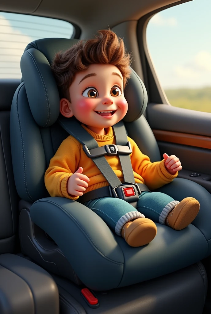 A boy sit with car seat big booty smile