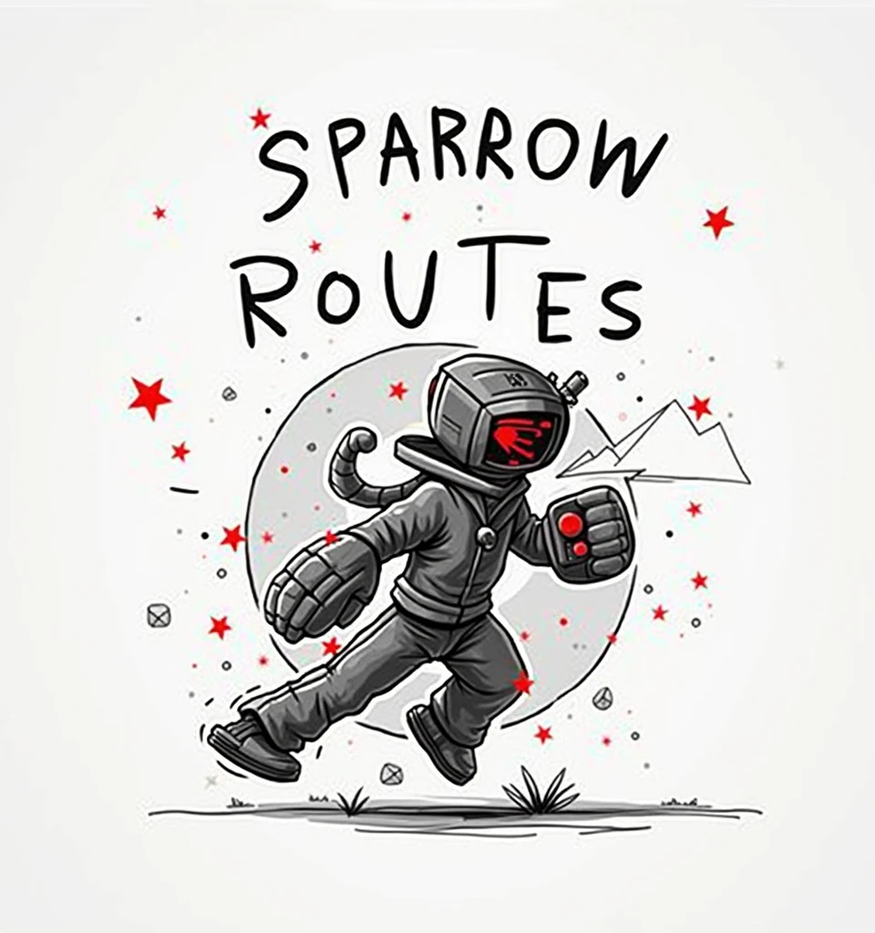 a circular logo , with white border, dark background, With the name "SPARROW ROUTES" a estilo gammer , mountain and roblox