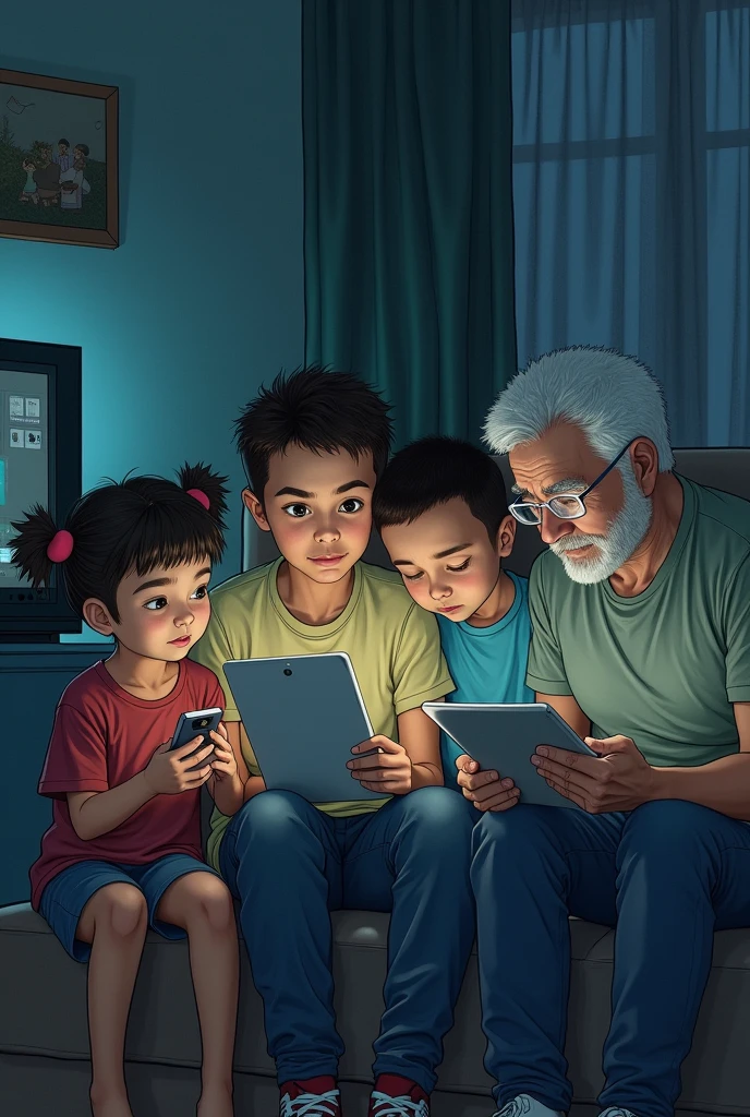 Image of a  watching television while a teenager uses a cell phone, adult works on notebook and elderly man uses cell phone. The people in the image are focused on their devices and not looking at each other.. image in drawing.