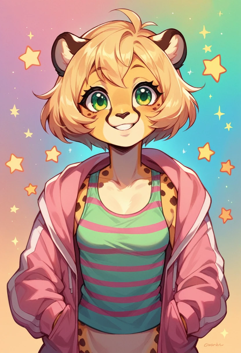 Anthropomorphic, cute, cheetah woman, short chic blonde hair, green eyes, hourglass, small breasts, colorful striped tank top, pink bomber jacket, cheerful smile, portrait, stars background