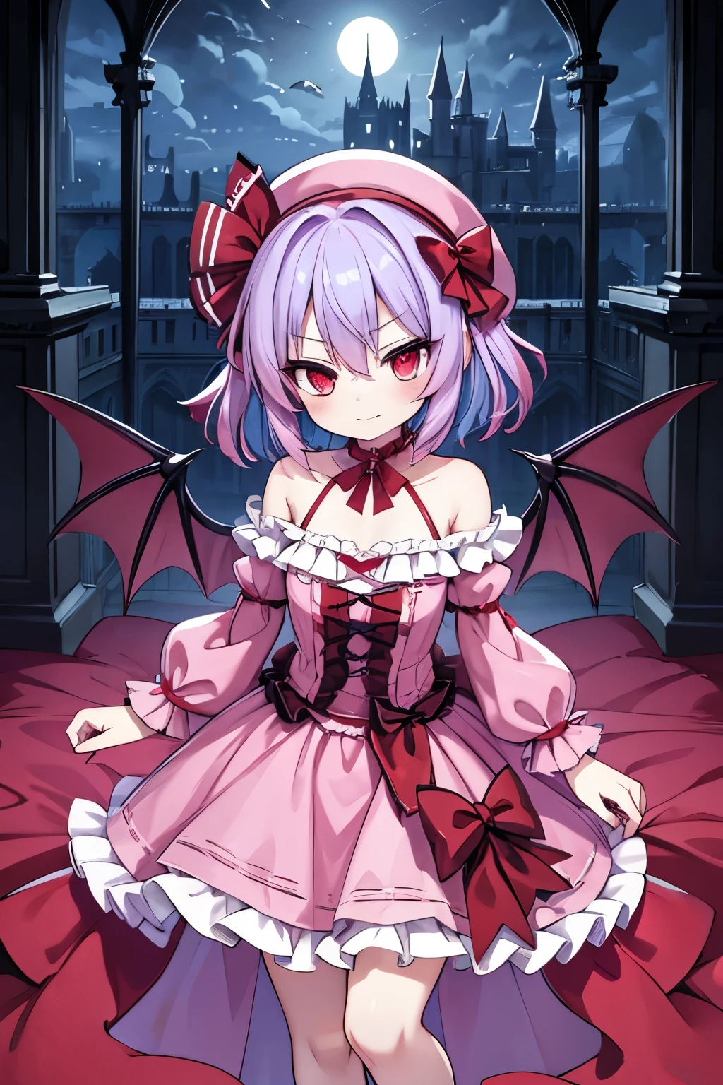 Draw a Remilia Scarlet,Diabolical,Ruined palace,Gloomy painting style,crazy,epic,middle Ages,Pink clothes,Blue hair,Scarlet Devil,hat,vampire