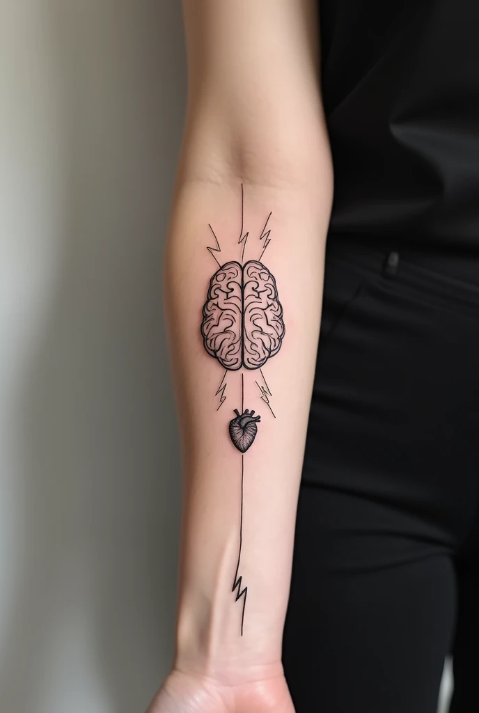 Forearm tattoo that relates intelligence, heart, electricity, pure FINE lines, more minimalist