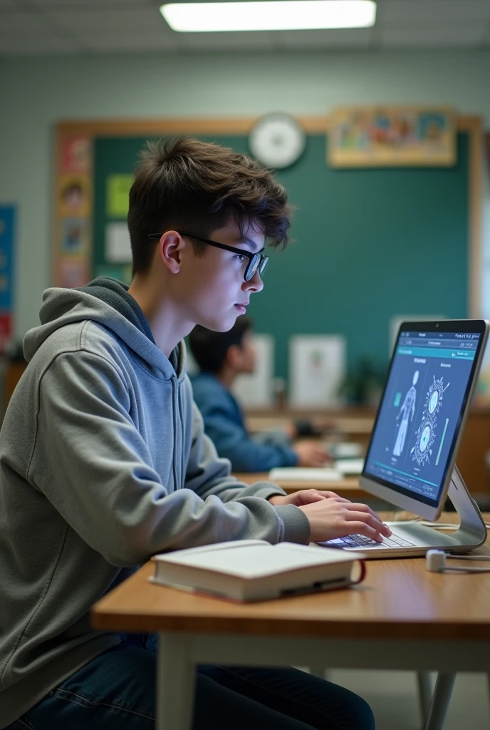Teenager using AI on a computer placed on top of a student&#39;s desk in a classroom