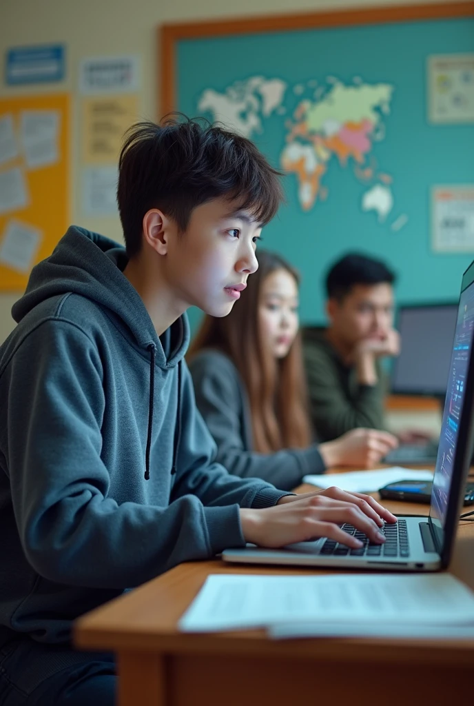 Teenager using AI on a computer placed on top of a student's desk in a classroom