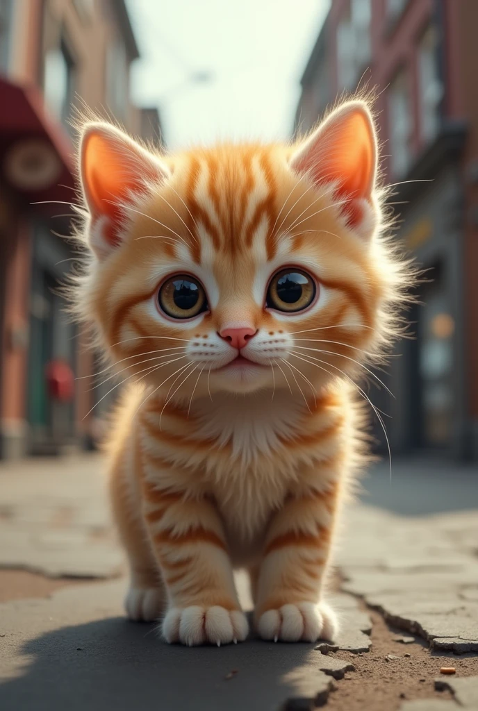Cute close-up of a kitten lost in the city., kitchen, (Kinetics: 1.2), complicated details, ((A cat is walking along the roadside.)) ,Two-legged standing,Torn clothes