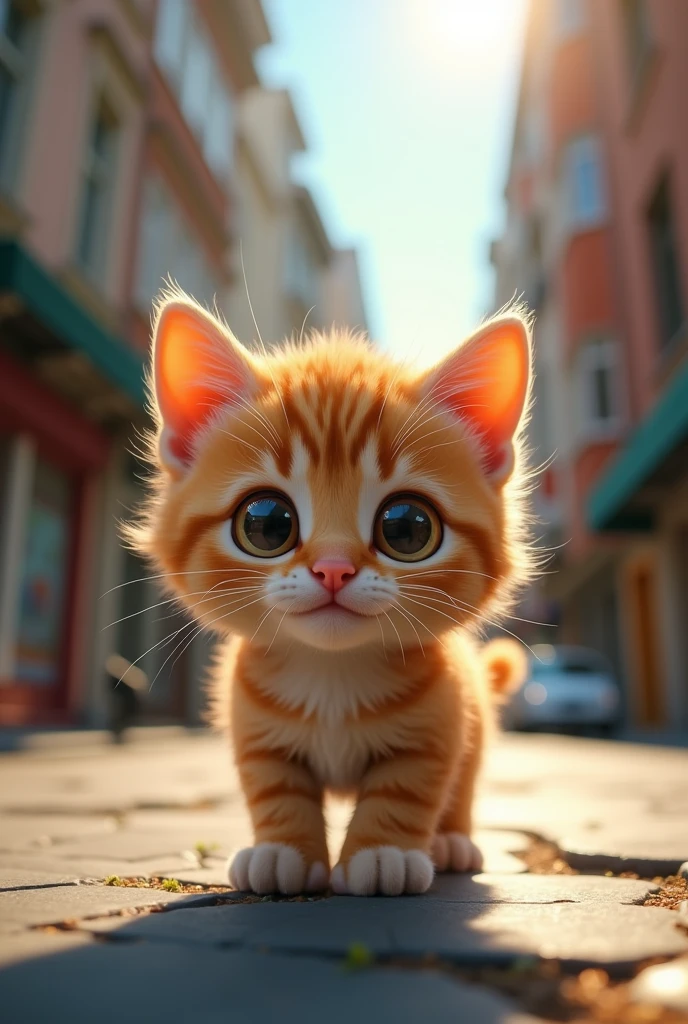 Cute close-up of a kitten lost in the city., kitchen, (Kinetics: 1.2), complicated details, ((A cat is walking along the roadside.)) ,Two-legged standing,Torn clothes