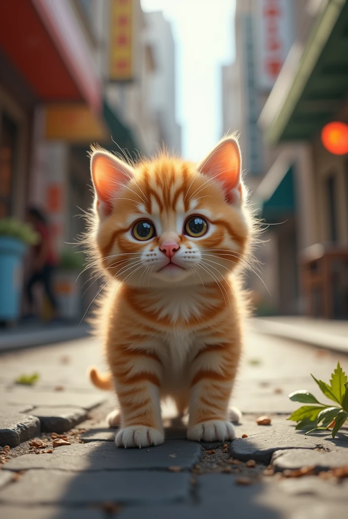 Cute close-up of a kitten lost in the city., kitchen, (Kinetics: 1.2), complicated details, ((A cat is walking along the roadside.)) ,Two-legged standing,Torn clothes
